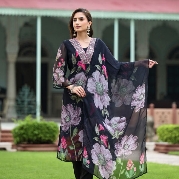Lorenvalley Black Georgette Printed with Embroidery Work Kurta Set - Distacart