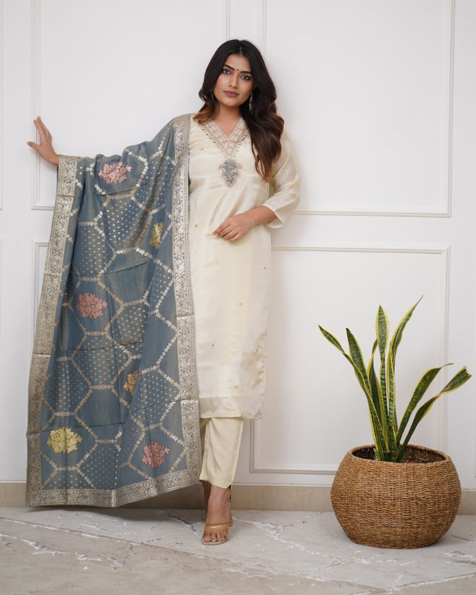 Lorenvalley Offwhite Viscose Chanderi Embroidered Multi Sequence work Kurta Set