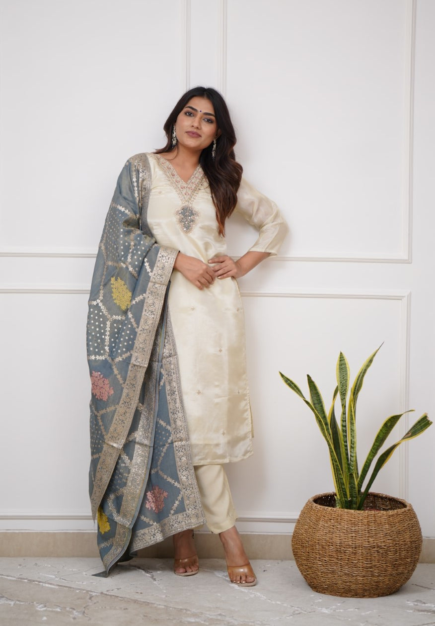 Lorenvalley Offwhite Viscose Chanderi Embroidered Multi Sequence work Kurta Set