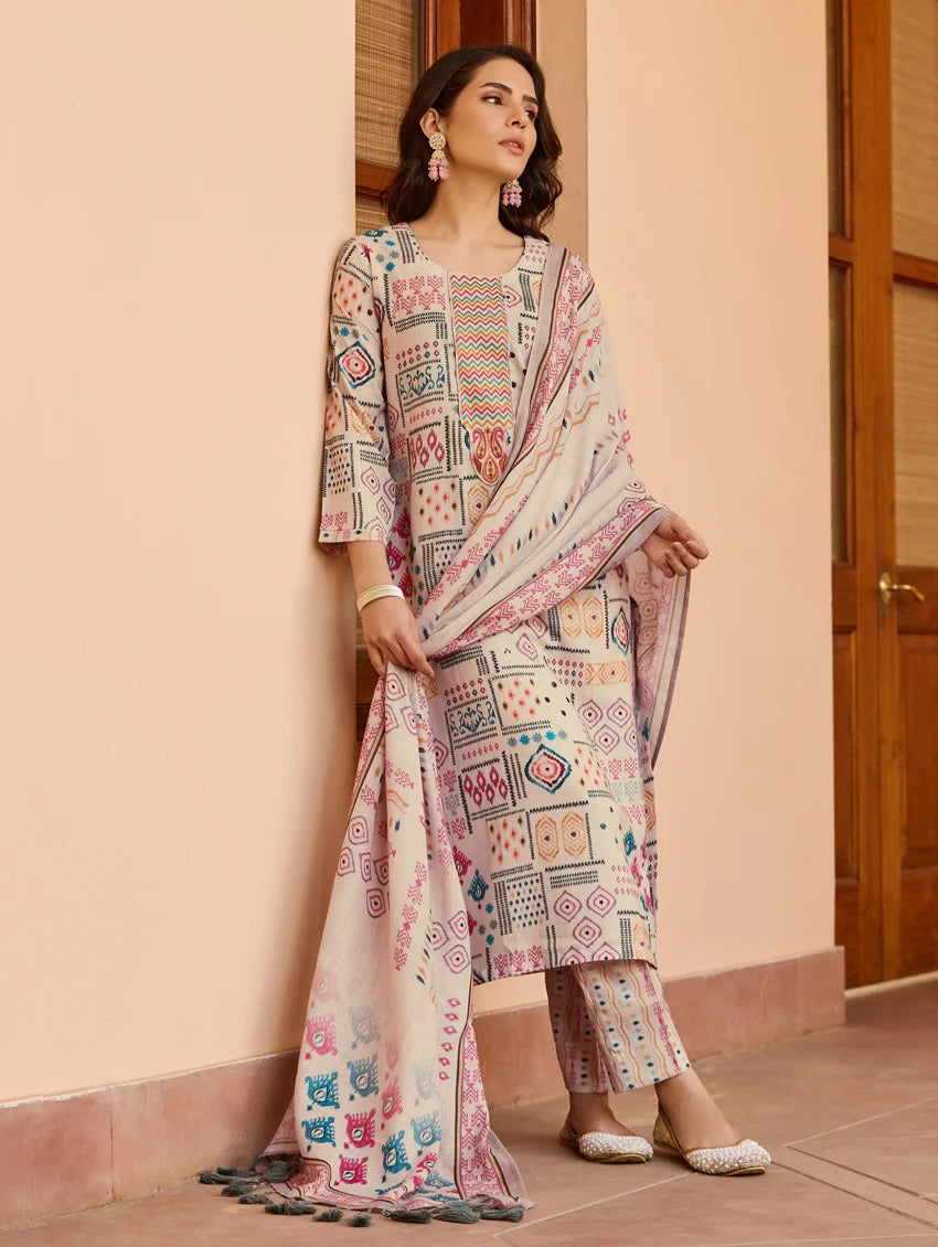 Lorenvalley Cream Cotton Printed Kurta Set - Distacart