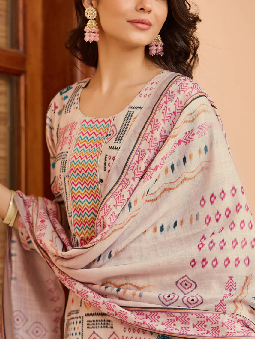 Lorenvalley Cream Cotton Printed Kurta Set - Distacart