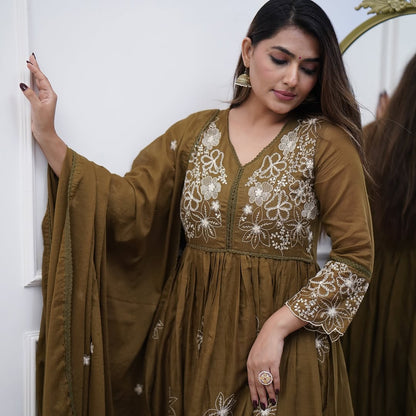 Lorenvalley Brown Cotton Silk Embroidered And Chikan Lace Work Kurta Set - Distacart