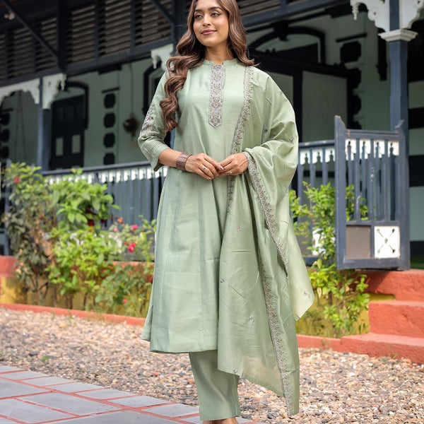 Lorenvalley Seagreen Muslin Silk Embroidered work Kurta Set