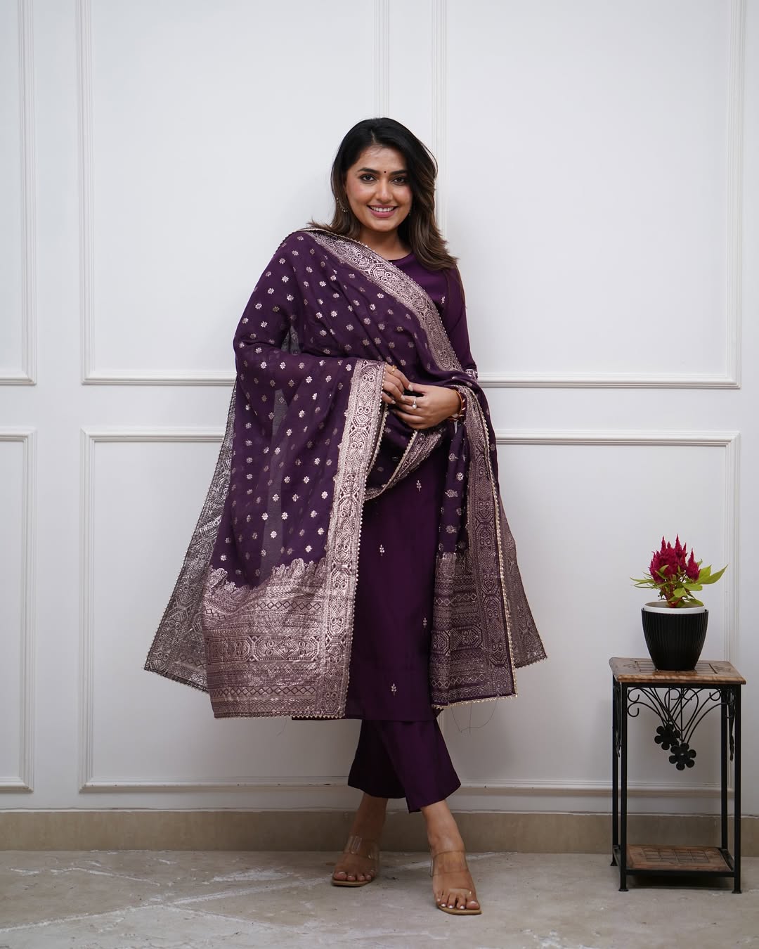 Lorenvalley Purple PV Chanderi Embroidered work Kurta Set