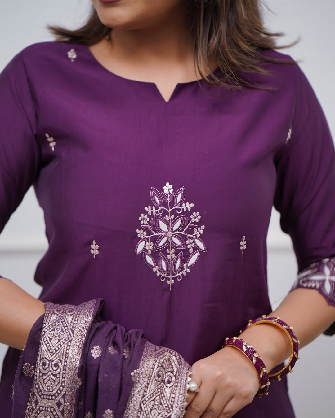 Lorenvalley Purple PV Chanderi Embroidered work Kurta Set