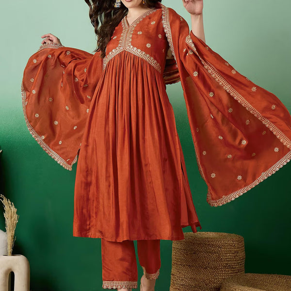 Lorenvalley Rust Muslin Silk Embroidered work Kurta Set