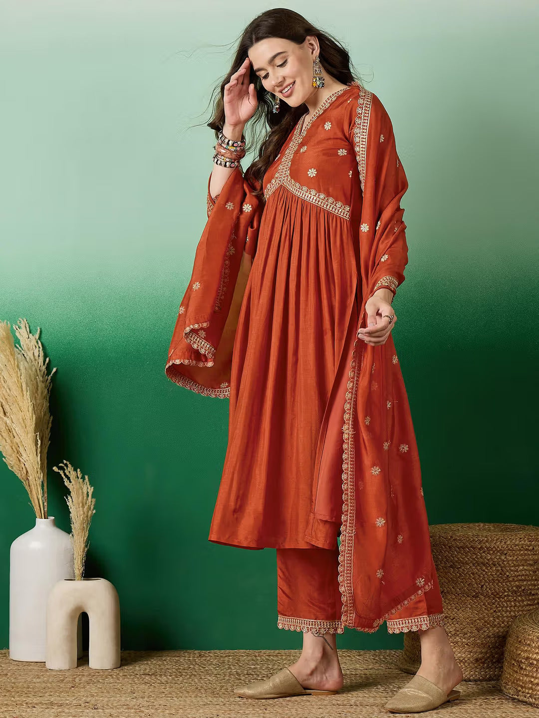 Lorenvalley Rust Muslin Silk Embroidered work Kurta Set