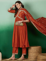 Thumbnail for Lorenvalley Rust Muslin Silk Embroidered work Kurta Set