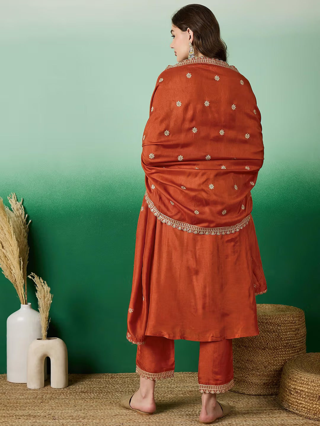 Lorenvalley Rust Muslin Silk Embroidered work Kurta Set - Distacart