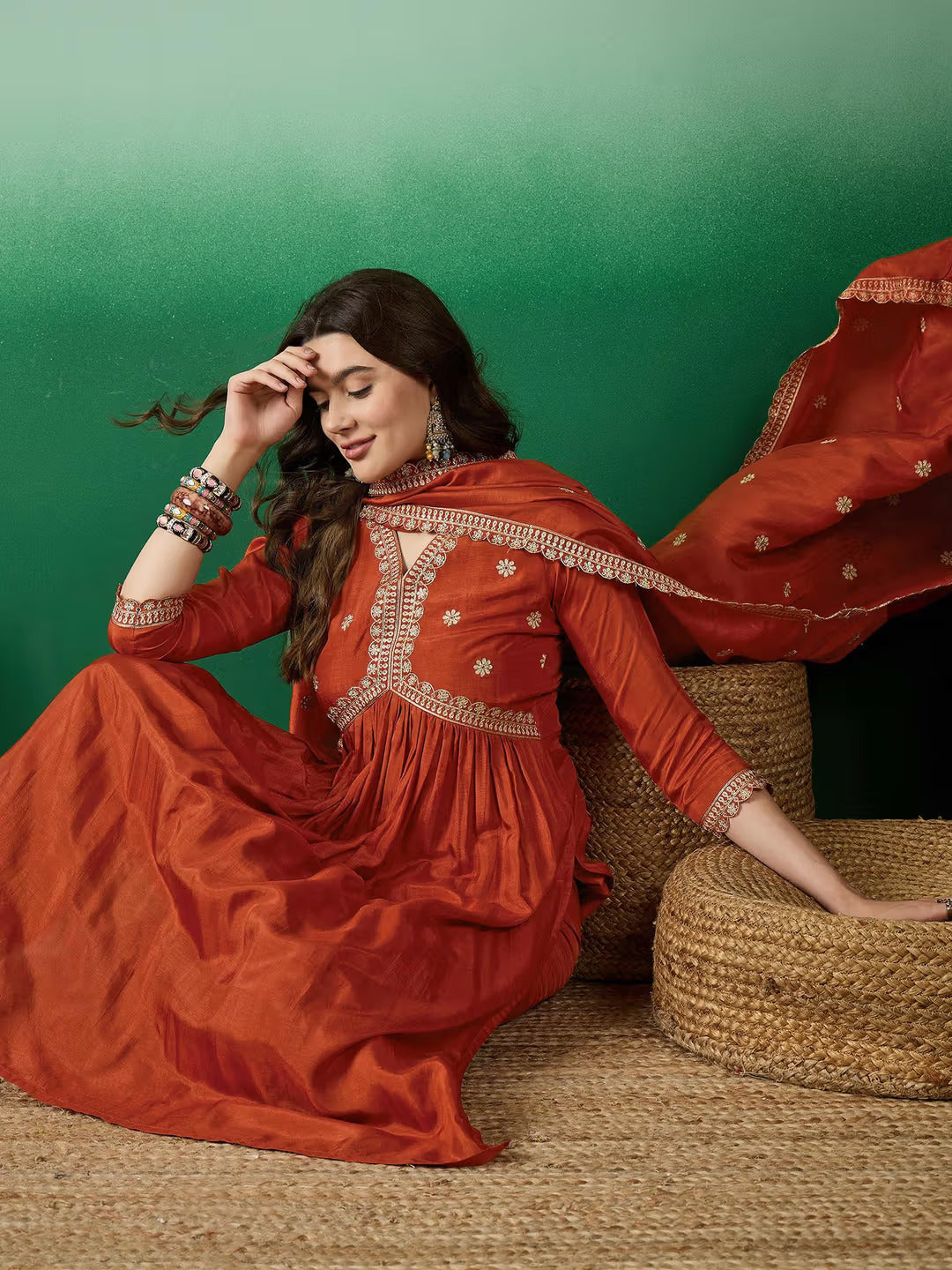 Lorenvalley Rust Muslin Silk Embroidered work Kurta Set - Distacart