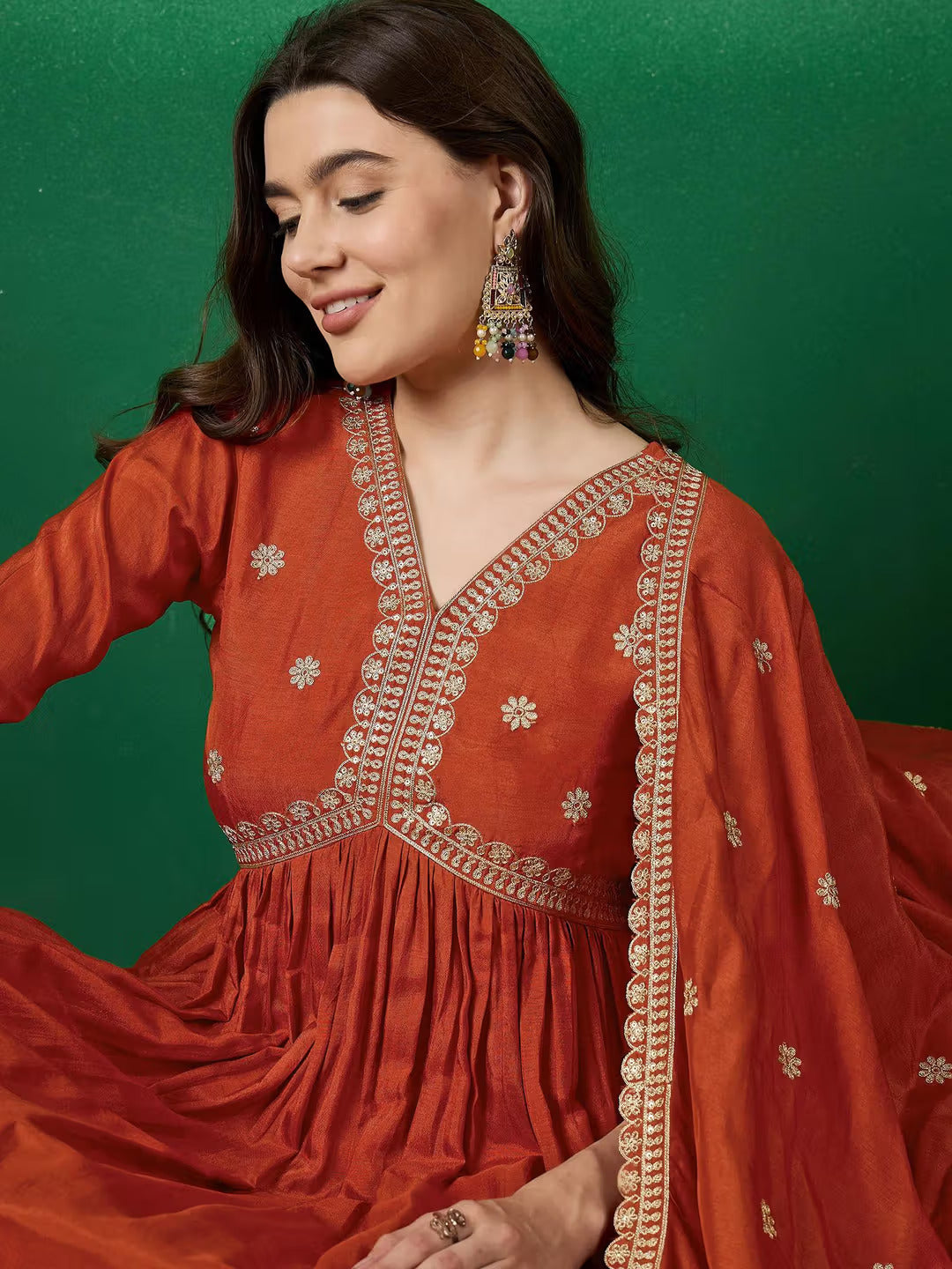 Lorenvalley Rust Muslin Silk Embroidered work Kurta Set