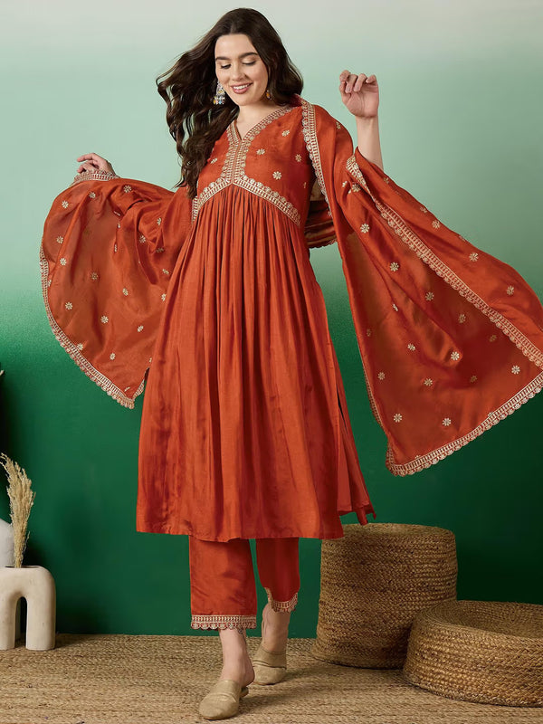 Lorenvalley Rust Muslin Silk Embroidered work Kurta Set