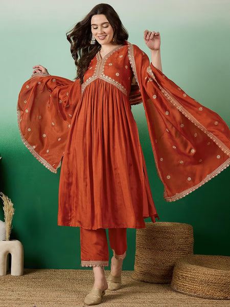 Lorenvalley Rust Muslin Silk Embroidered work Kurta Set