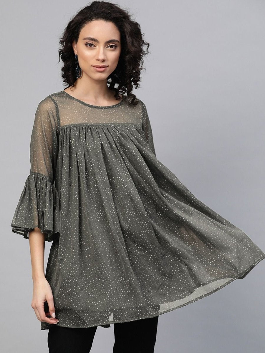 Ahalyaa Women Grey Chiffon Silver Glitter Printed Tunic