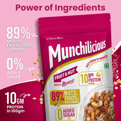 Munchilicious Muesli - Fruit & Nut, 75% Nuts, Grains, Seeds, Fruits & Berries - Distacart