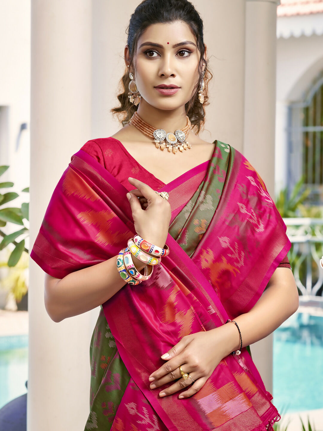 Astita Pochampalli Silk Olive Green Saree