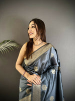 Thumbnail for Joban Fashion Grey Floral Jacquard Woven Design Cotton Silk Banarasi Silk Saree - Distacart