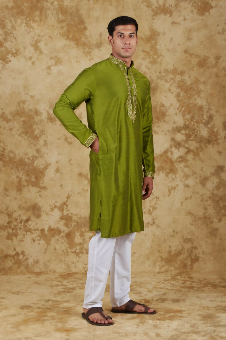 Bluesaanchi Men's Sunshine Handwoven Embroidered Apple Green Kurta Set - Distacart