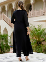 Thumbnail for The52 Black Women's Beautiful Embroidered work Chinon Fabric with Flared Kurta, Pant and Dupatta Set - Distacart