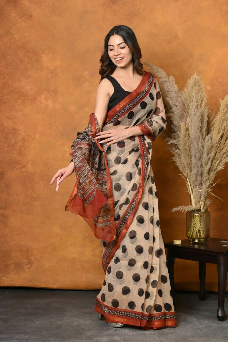 Very Much Indian Handblock Printed Cotton Saree With Natural Dyes - White - Distacart