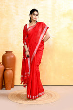 Thumbnail for Piyari Fashion Women's Red Embellished Cotton Blend Zari Border Handloom Saree - Distacart