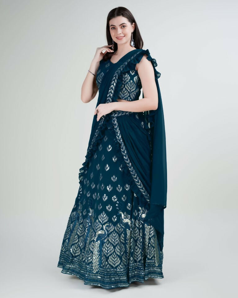 Teal Georgette Sequence Embroidered Lehenga Choli with Dupatta - Tanya - Distacart