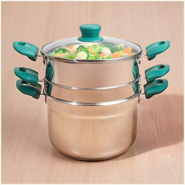 The Indus Valley Tri-steel Multi Cooker Pot Premium Stainless Steel Momo Maker/ Idiyappam/ Biryani/  Veg Steaming Set, 3 Pots, 21cm