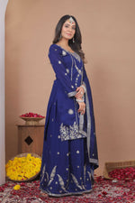 Thumbnail for Teeya Creation Blue Color Vichitra Silk Embroidery Work Wedding Wear Palazzo Set - Distacart