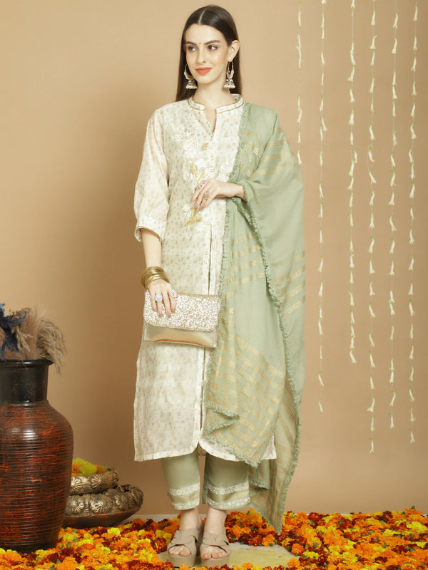 Jyoti Fashion Women's Off White Chanderi Silk Elegant Jardoshi Kurta with Trouser & Dupatta - Distacart