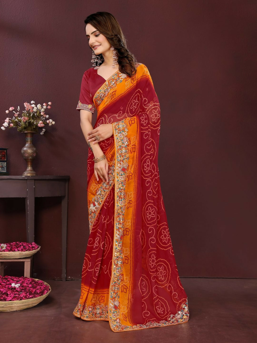 Ai Fashion Maroon Georgette Digital Print Party Wear Saree