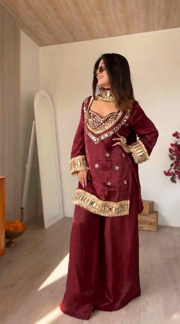 Teeya Creation New Trendy Stylish Real Mirror Work With Lace Border Kurta Set - Dista