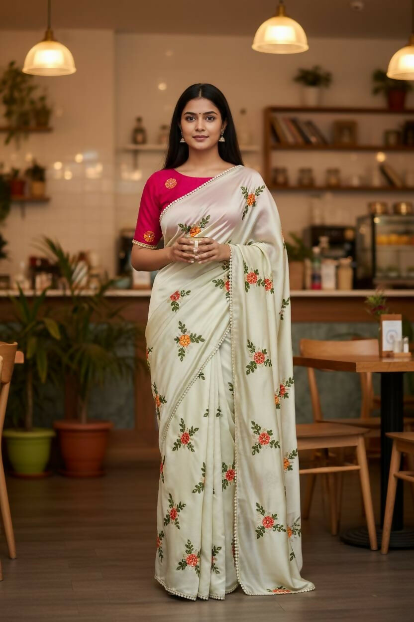 Teeya Creation Cream Rangoli Silk Embroidery Work Party Wear Designer Saree - Distacart
