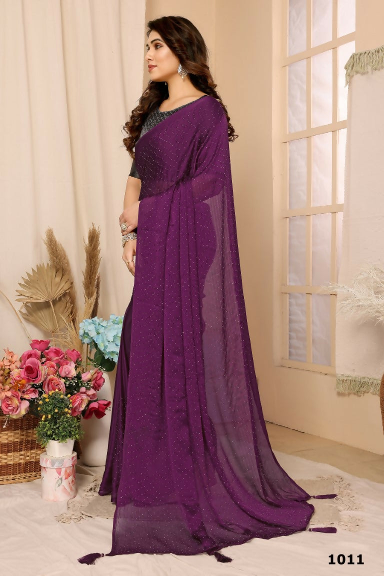 Aafreen Partywear Designer Purple Satin Chiffon Fancy Saree - Distacart
