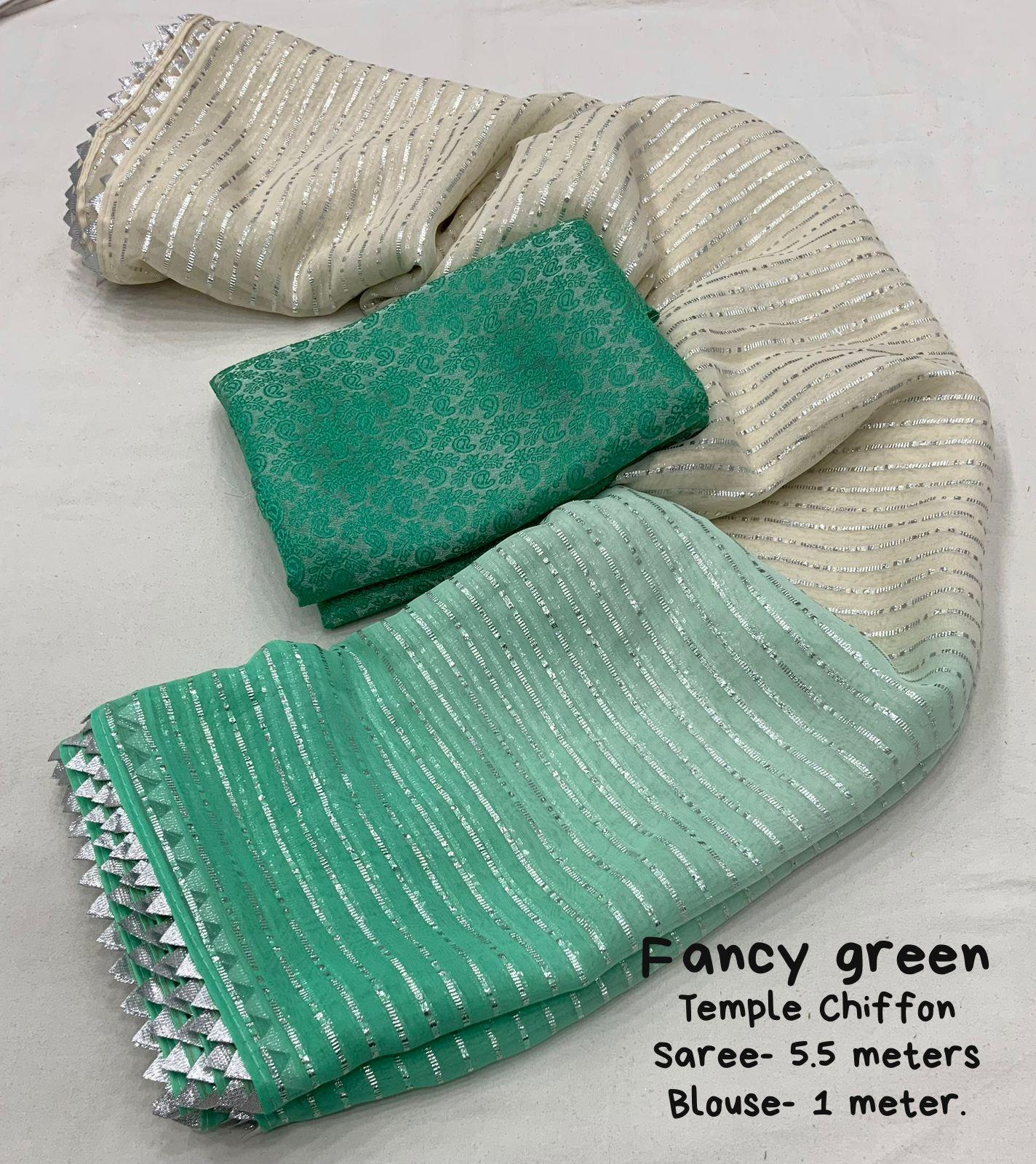 Green Poly Chiffon Striped Saree with Unstitched Blouse - A2M - Distacart