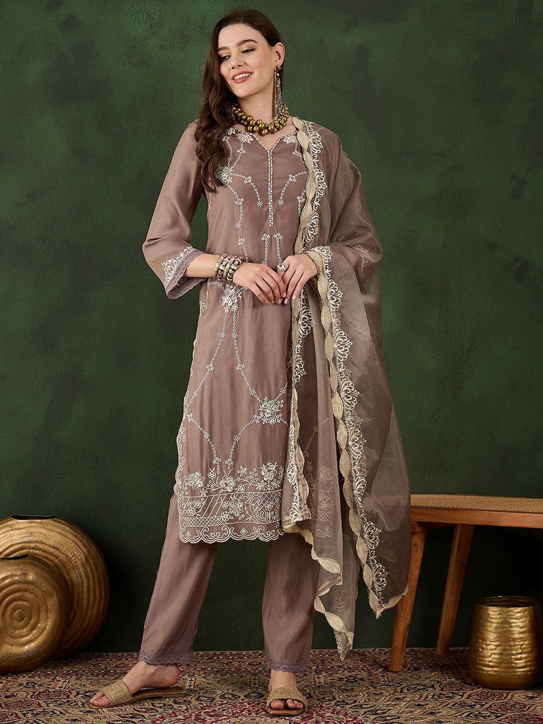 Sangria Floral Embroidered Mirror Work Straight Kurta, Trouser & Dupatta Set - Distacart