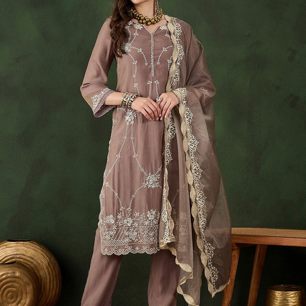 Sangria Floral Embroidered Mirror Work Straight Kurta, Trouser & Dupatta Set - Distacart