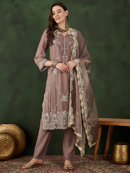 Sangria Floral Embroidered Mirror Work Straight Kurta, Trouser & Dupatta Set - Distacart