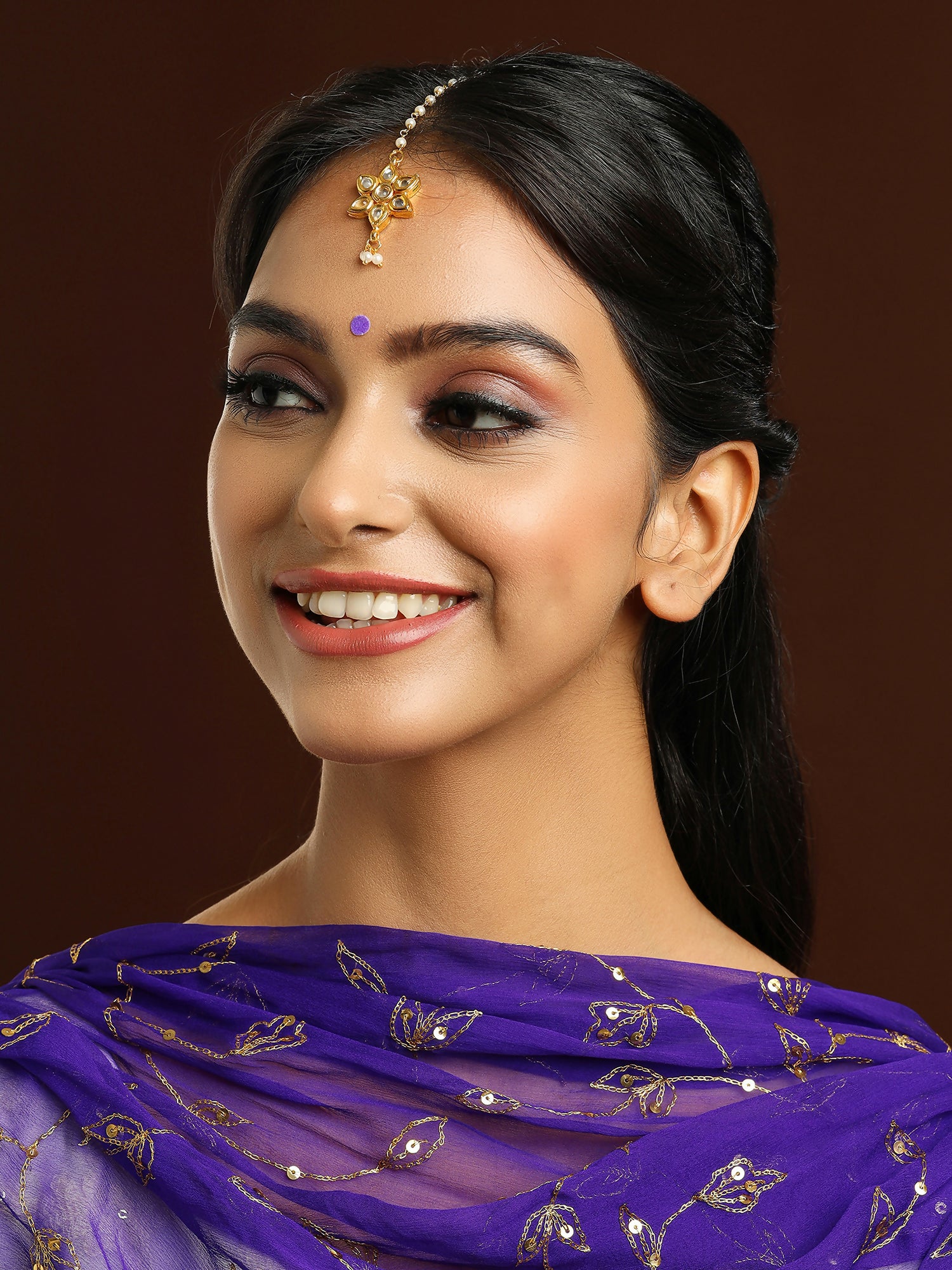 Ruby Raang Gold Flower Kundan Maang Tikka