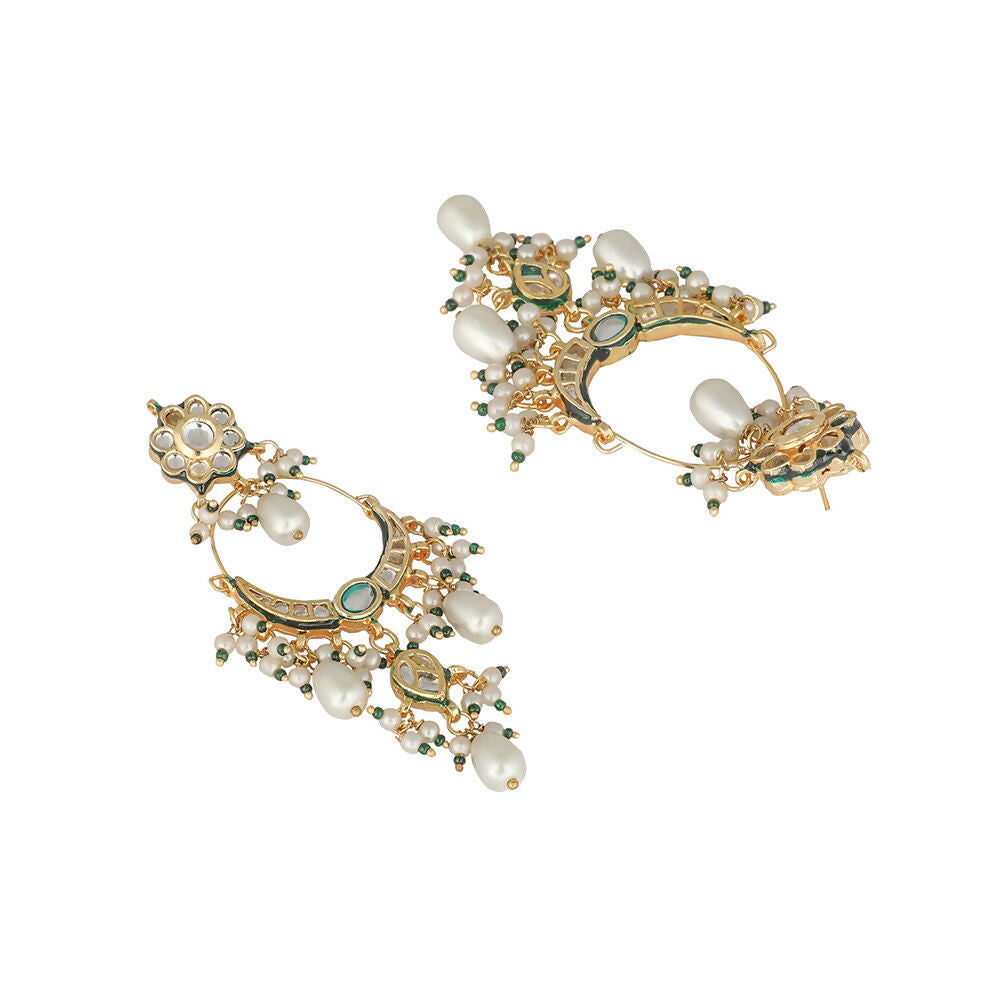 Nuyug 22K Gold Plated Crescent Kundan Drop Pearl Chandbali Earrings