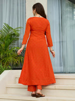 Thumbnail for The52 Orange Women's Gorgeous Embroidered Chinon Fabric Flared Kurta Pant and Dupatta Set - Distacart