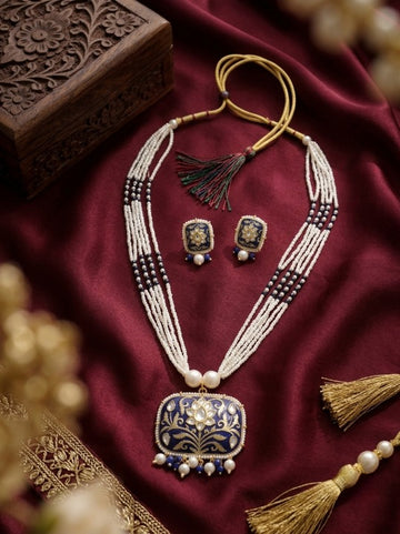 Jewel City Blue Kundan Pearl Long Necklace Set|Festival Jewelry For Women - Dista