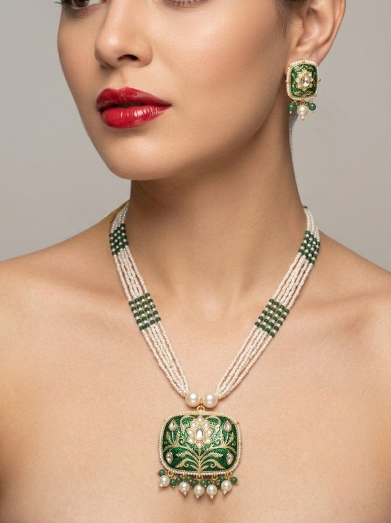 Jewel City Green Enamel Kundan Pearl Long Necklace Set For Festival Jewelry - Dista