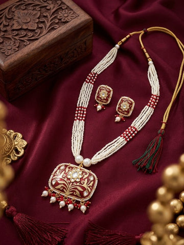 Jewel City Red Kundan Pearl Long Necklace Set|Festival Jewelry For Women - Dista