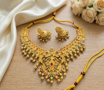Jewel City Gold Plated South Indian Temple Jewelry Set-Traditional Festive Necklace with Earrings-Bollywood Style Ethnic Set - Dista