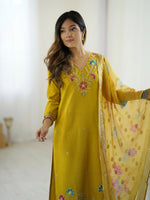 Thumbnail for The52 Yellow Women's Gorgeous Embroidered work Viscose Gadhwal Fabric Straight Kurta, Pant and Dupatta Set - Distacart