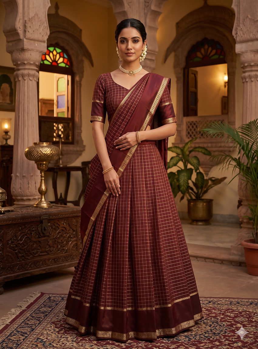 Teeya Creation New South Indian Silk Checked Half Saree Lehenga Choli with Zari Border-Maroon - Dista