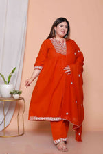 Thumbnail for Miravan Womens Plus Size Floral Embroidered Rust Straight Cotton Kurta & Palazzo With Dupatta Set - Distacart