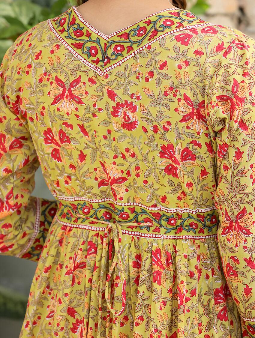 Kaajh Women's Mustard Printed Cotton Handblock Dress - Distacart