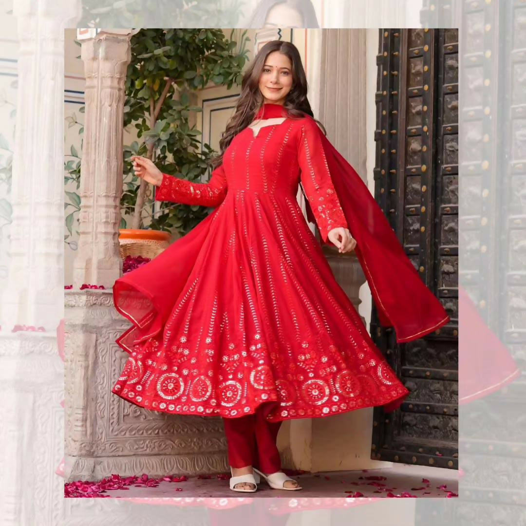 Preksha Creation Red Festival Special Indian Designer Red Embroidered Anarkali Suit with Dupatta