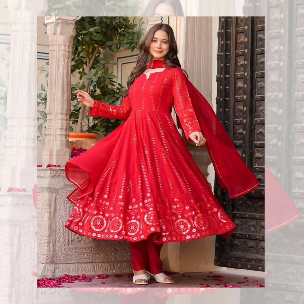 Preksha Creation Red Festival Special Indian Designer Red Embroidered Anarkali Suit with Dupatta